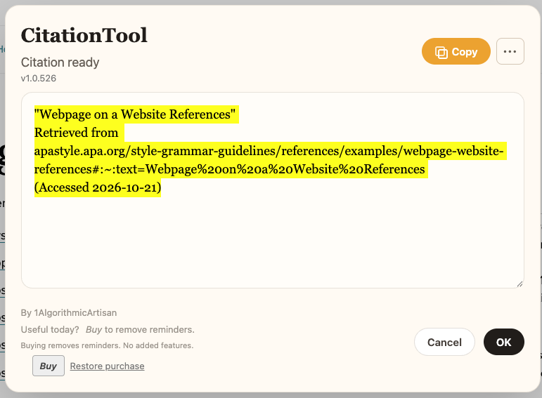 CitationTool 1.0.526 dialog showing a citation to APA Style’s webpage-reference guide, its VDL source link, Copy and Save as menu buttons, and purchase reminder